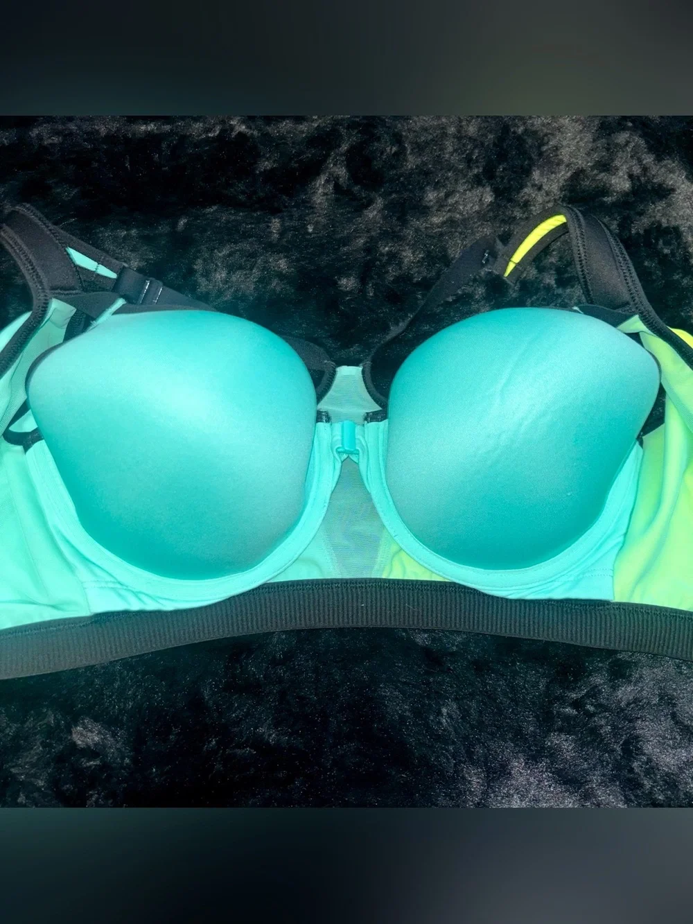 VSX Front-Zip Colorblock Sports Bra in Aqua & Lime Green